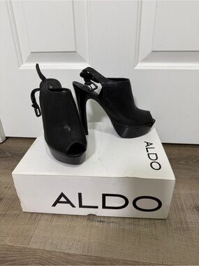 Aldo Black Peep-Toe Platform Slingback Heels